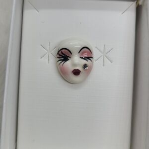 Vintage Fancy Faces Brooch Pin Handpainted Porcelain Mask Wink with Rhinestone